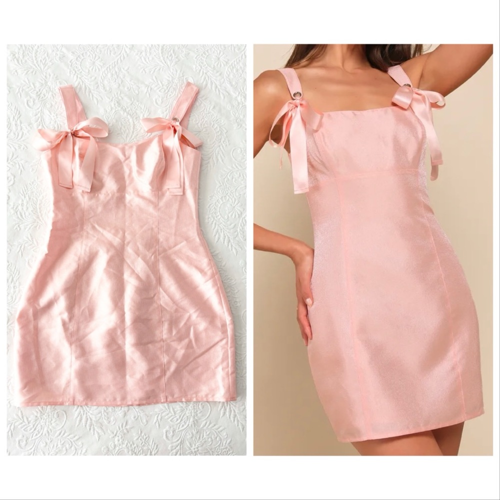 NWOT Lulus Exceptionally Precious Shiny Peach Pink Ribbon Bow Mini Dress Small